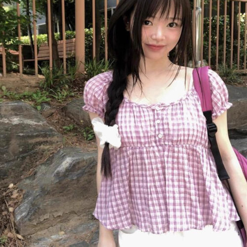 Exclusive type 日系甜美夏日氧气感复古格纹拼接泡泡袖短袖衬衫