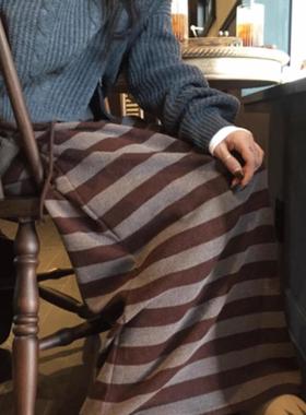 Exclusive type 简约慵懒舒适咖色条纹拼色抽绳绑带休闲半身长裙