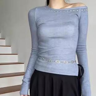 type T桖衫 小众街头辣妹个性 长袖 铆钉露肩开叉设计修身 Exclusive