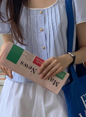 Exclusive type 韩系温柔甜美少女蓝色条纹花边拼接短袖衬衫上衣