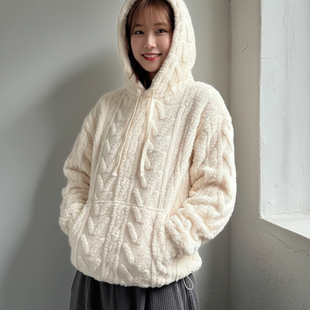 上衣 保暖纯色麦穗麻花毛绒珊瑚绒连帽男女同款 Exclusive type冬季