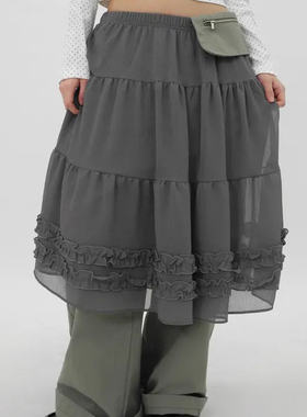 Exclusive type韩国小众设计木耳花边雪纺裙摆蓬蓬透视松紧半身裙