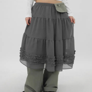 Exclusive type韩国小众设计木耳花边雪纺裙摆蓬蓬透视松紧半身裙