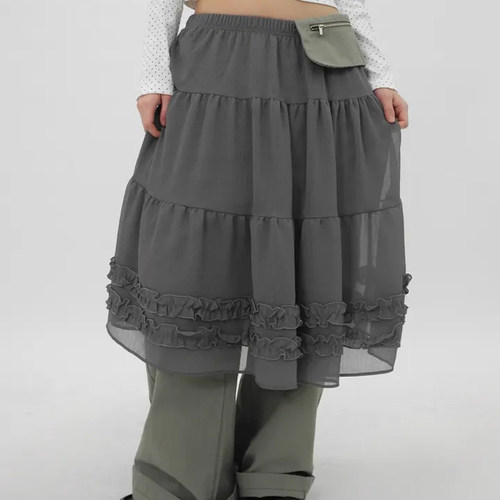 木耳花边雪纺裙摆蓬蓬半身裙