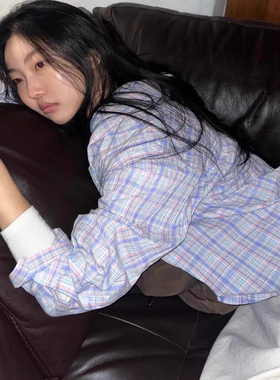 Exclusive type 街头气质蓝色褶皱格纹口袋长袖纽扣休闲衬衫上衣