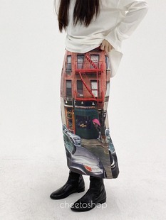 Exclusive 复古街景胶片印花后开衩松紧拉链半身长裙 type韩国个性