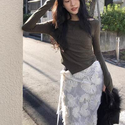 花朵一片式绑带叠穿围裙半身裙