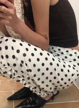 Exclusive type 韩国小众复古可爱圆点花边拼接高腰中长半身裙女