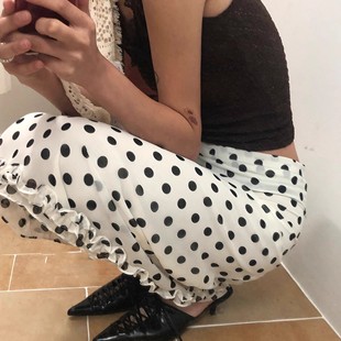 Exclusive type 韩国小众复古可爱圆点花边拼接高腰中长半身裙女