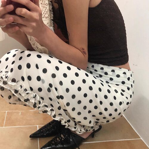 Exclusive type 韩国小众复古可爱圆点花边拼接高腰中长半身裙女