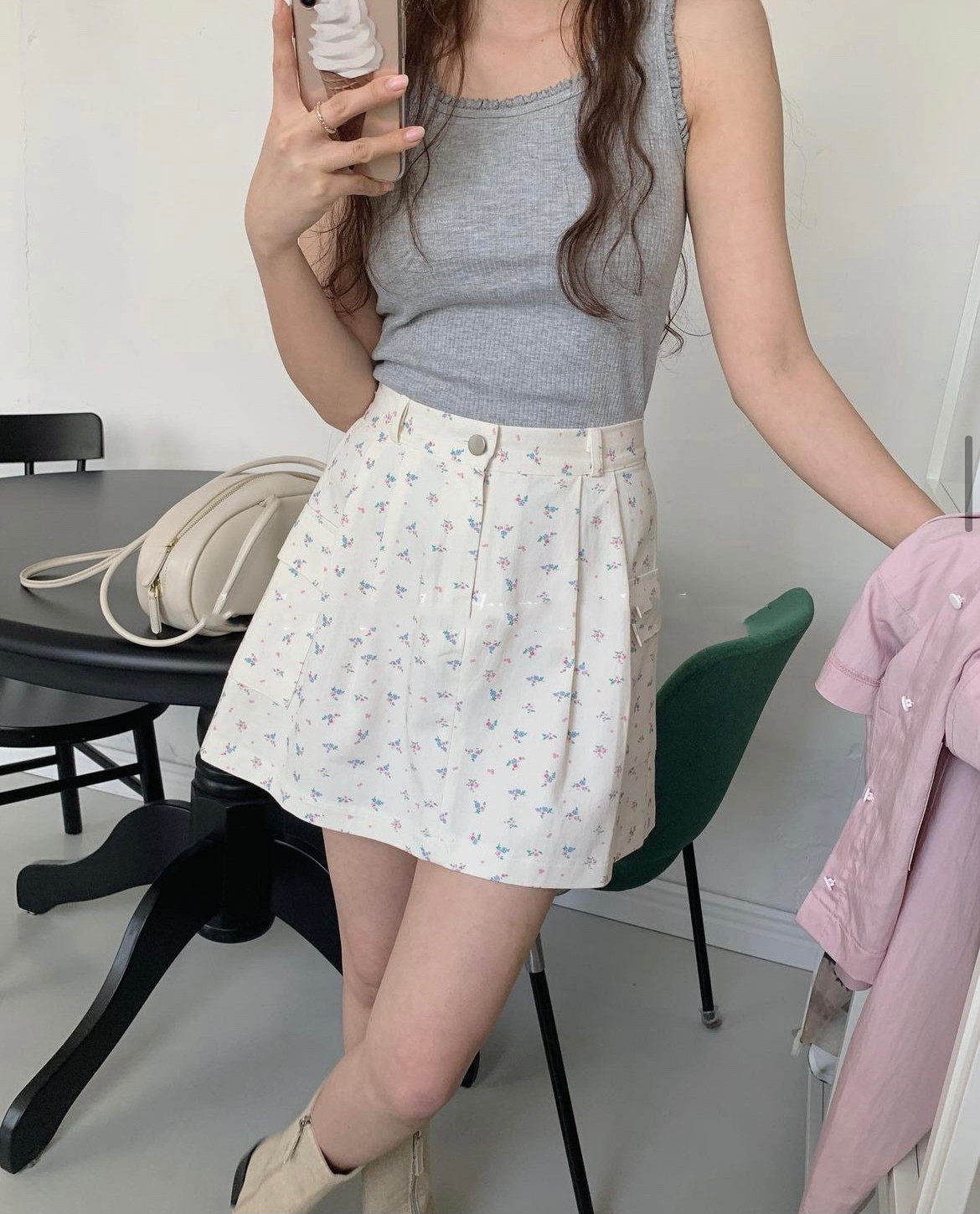 exclusive type 简约夏日清新少女感大口袋设计高腰小碎花半身裙