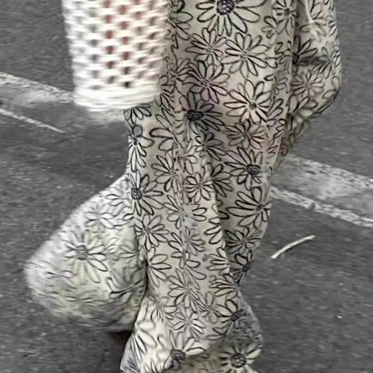 花朵印花抽绳松紧腰直筒休闲卫裤