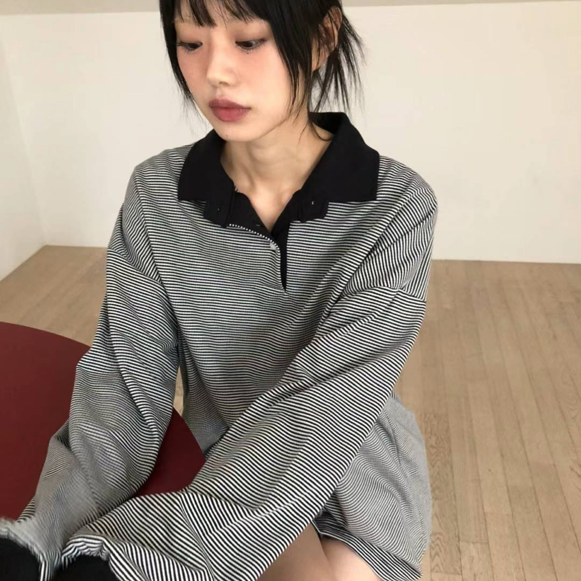 Exclusive type 韩国小众复古松弛感细条纹polo翻领宽松长袖上衣