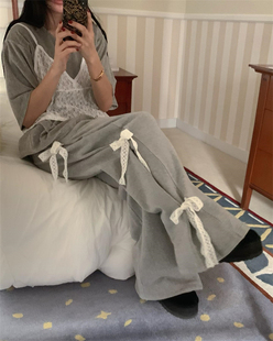 韩国小众设计蕾丝花边蝴蝶结绑带松紧腰阔腿长裤 Exclusive type