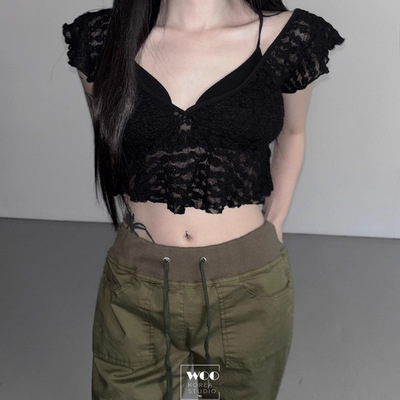 Exclusive type 小众街头设计小飞袖花朵蕾丝透视短款短袖蕾丝衫