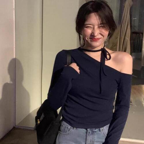 斜领口挂脖系带设计百搭长袖T恤