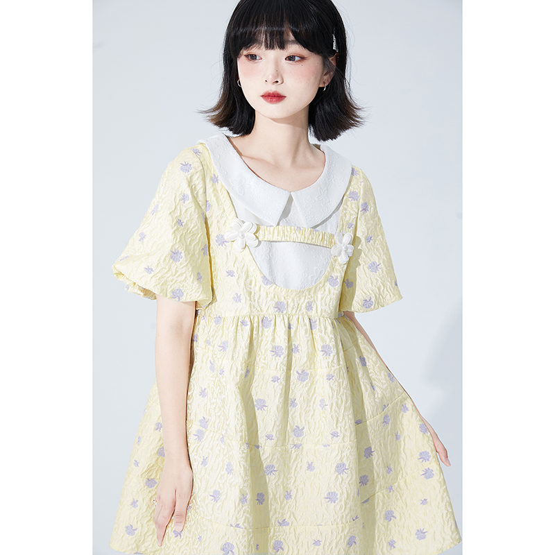 小葱良裁 黄色提花娃娃领连衣裙夏季少女甜美高腰宽松花苞袖短裙