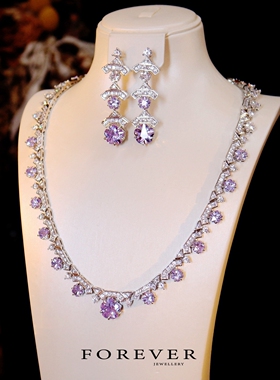 轻奢紫色锆石镶钻锁骨链套装超仙