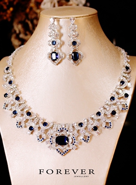 奢华大气镶钻蓝宝石项链耳环套装
