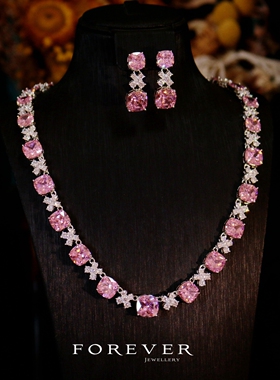 轻奢粉色锆石锁骨链耳环套装超仙