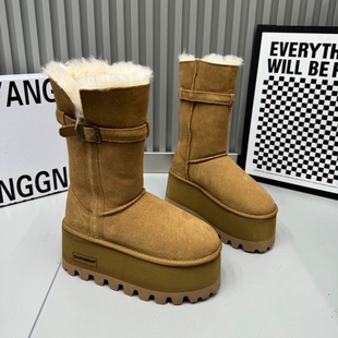 厚底松糕短靴加厚保暖中筒靴女鞋 羊皮毛一体雪地棉靴2024冬季 新款