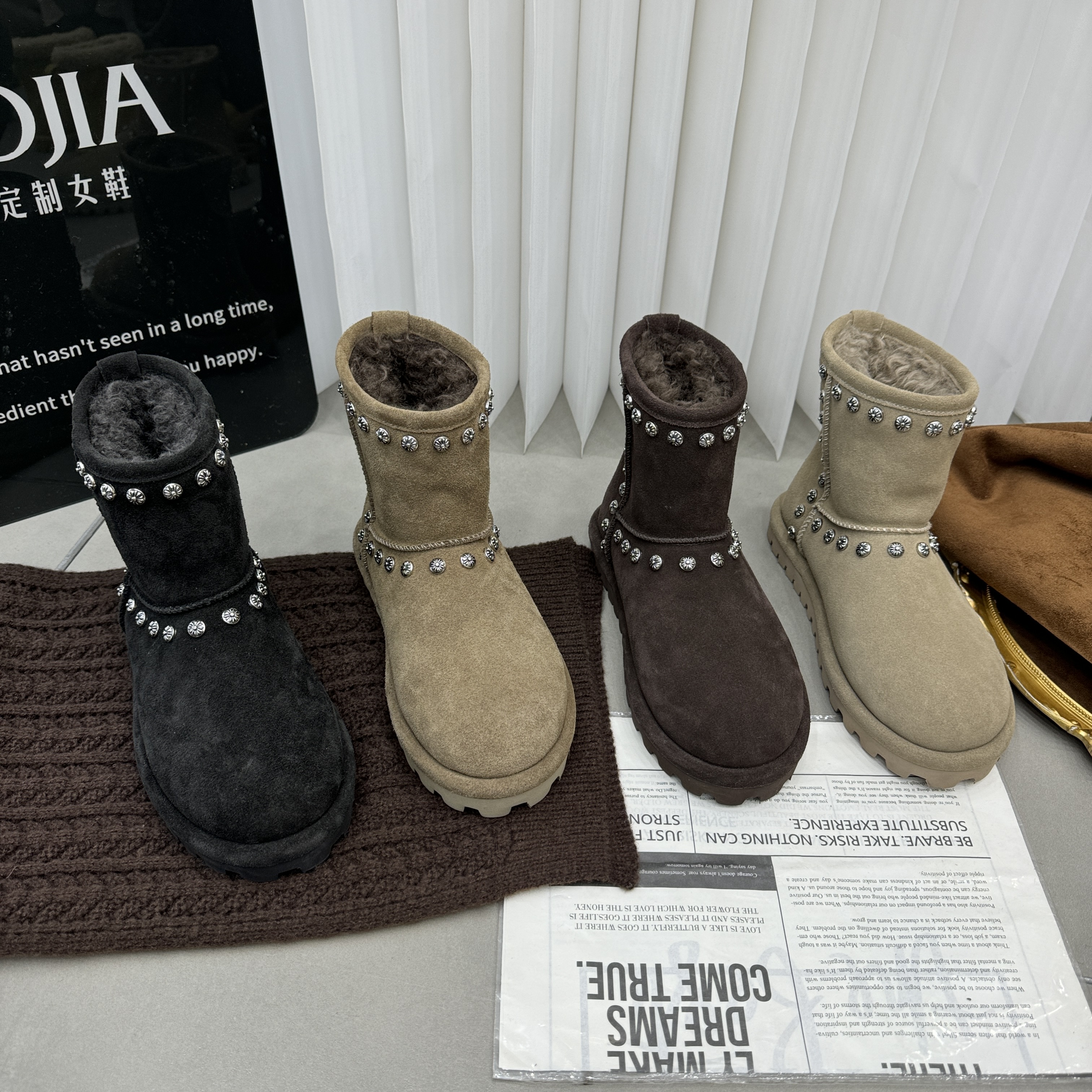 TTRR2025冬季新款铆钉磨砂真皮厚底增高加绒保暖雪地靴女鞋休闲鞋