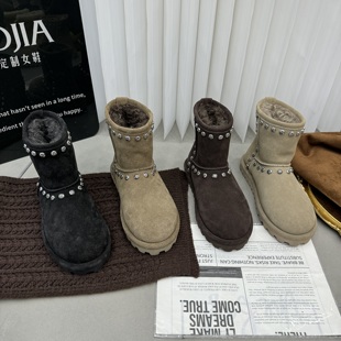 休闲鞋 铆钉磨砂真皮厚底增高加绒保暖雪地靴女鞋 新款 TTRR2025冬季