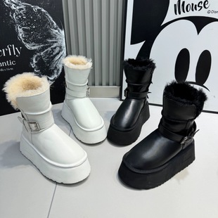 厚底松糕短靴加厚保暖中筒靴女鞋 牛皮羊毛一毛到底雪地棉冬季 新款