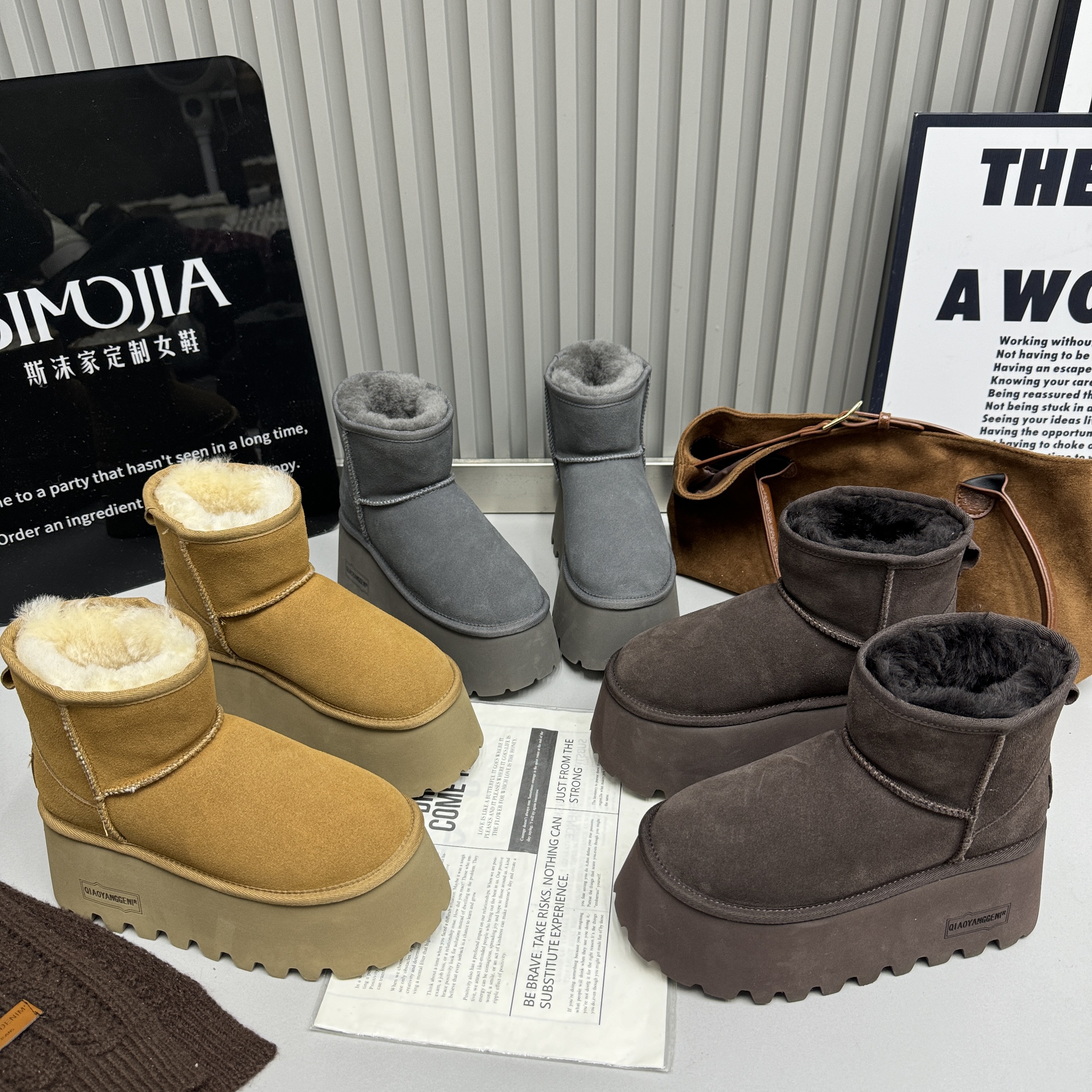 2025冬季新款磨砂皮厚底内增高羊羔毛毛加绒保暖雪地靴女鞋短筒靴