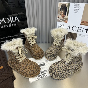 加绒保暖雪地靴女短靴 磨砂真皮厚底内增高豹纹毛毛鞋 2025冬季 新款