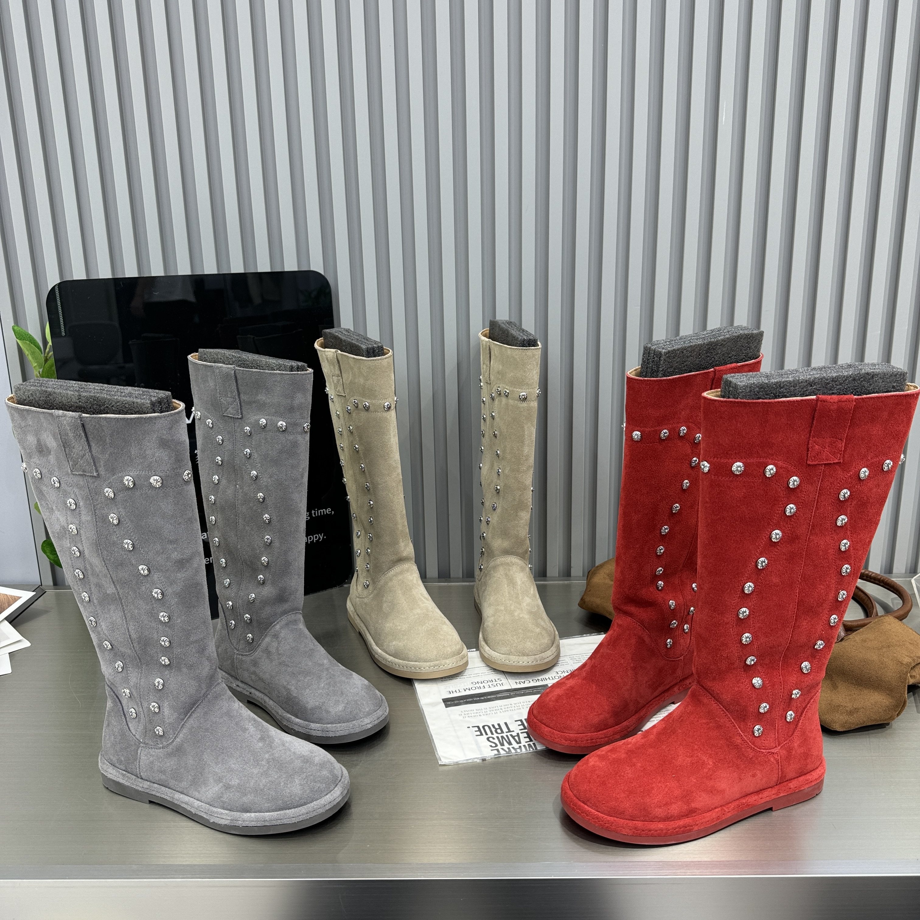 2026春季新款磨砂真皮铆钉平底平跟百搭休闲女鞋长筒靴切尔西靴子,女鞋,西部靴,淘宝优惠券,粉丝福利购,淘宝优惠卷