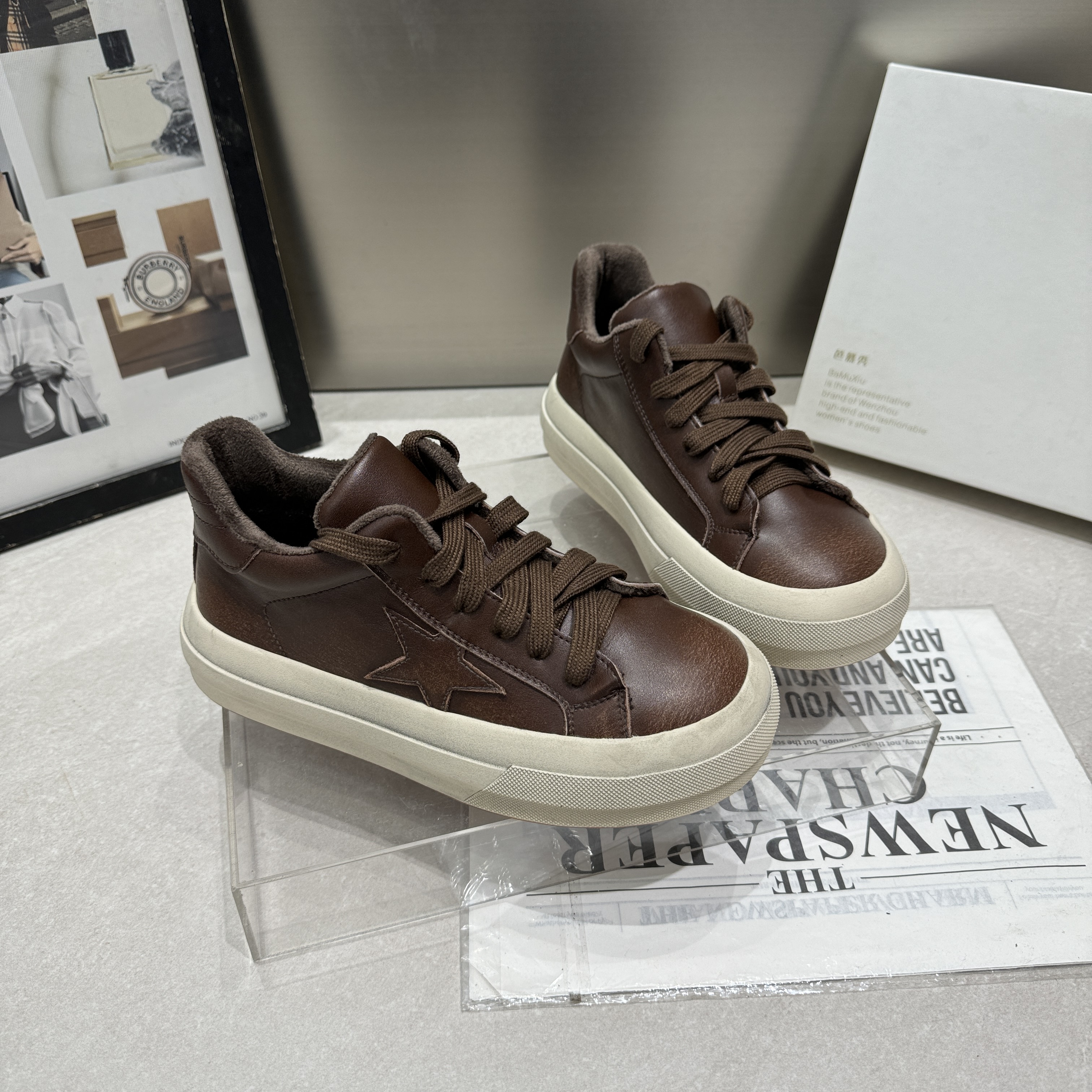 芭慕秀冬季新款磨砂真皮厚底松糕内增高加绒秋冬百搭休闲板鞋女鞋