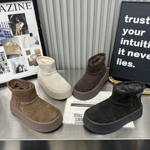 TTRR冬季 磨砂真皮厚底内增高羊卷毛毛加绒保暖加棉短靴雪地靴 新款
