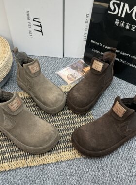 2026冬季新款磨砂真皮纯皮加绒加棉百搭松糕厚底女鞋雪地靴短筒靴
