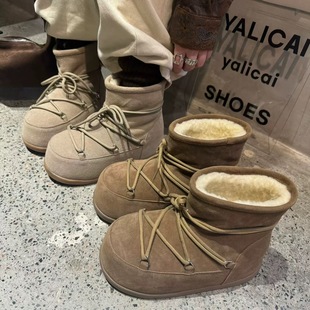 加绒保暖雪地靴女短靴 磨砂真皮厚底内增高羊羔毛毛鞋 2025冬季 新款