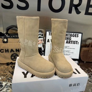 2025冬季 磨砂真皮厚底内增高羊羔毛毛加绒保暖雪地靴长筒靴女 新款