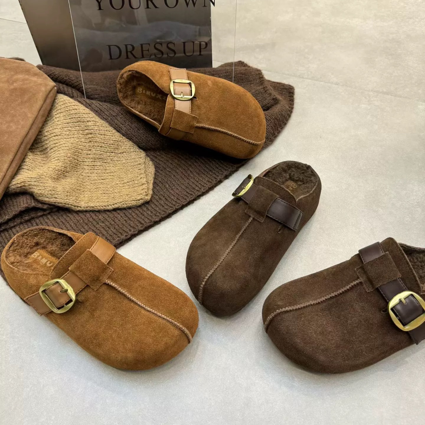 秋冬新款磨砂真皮羊羔毛毛加绒平底内增高百搭女鞋勃肯鞋包头拖鞋