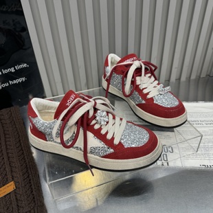 休闲板鞋 2026春季 女平底做旧脏脏鞋 真皮亮片星星小脏鞋 新款