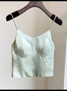 新中式真丝吊带背心桑蚕丝汉服内搭修身带胸垫醋酸美背文胸一体