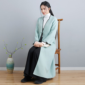 茶服女秋冬复古中式毛呢外套禅意茶人服中国风茶艺师禅服改良汉服