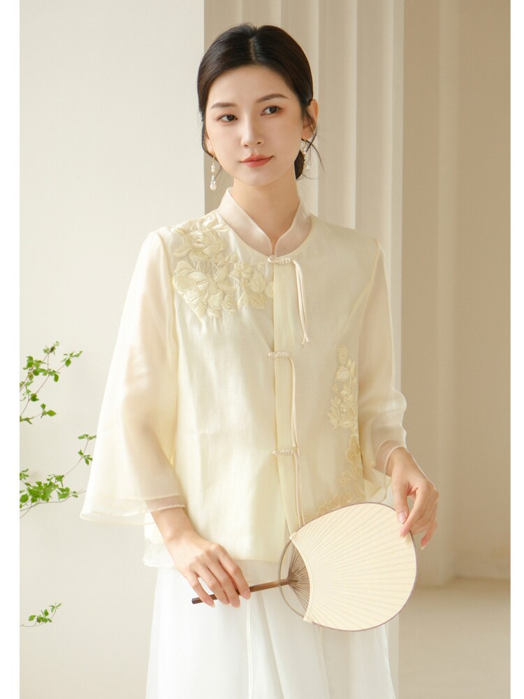 SUMMER WOMENS CLOTHING NEW HANFU NEW CHINESE STYLE EMBROIDERY IMPROVED TANG JACKET TEA MASTERS TOP ZEN TEA SUIT WOMEN