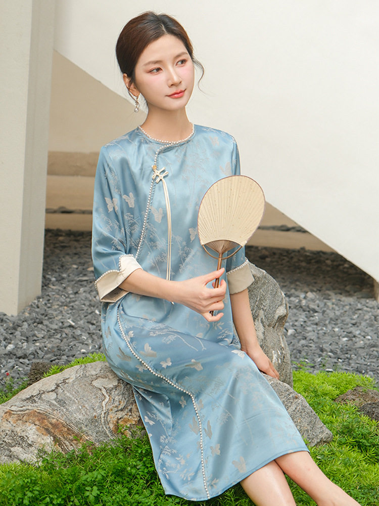 新中式锦丝缎气质女显瘦中长裙