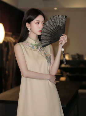 高级气质新款国风个性小众设计感A字裙新中式刺绣无袖连衣裙P0150