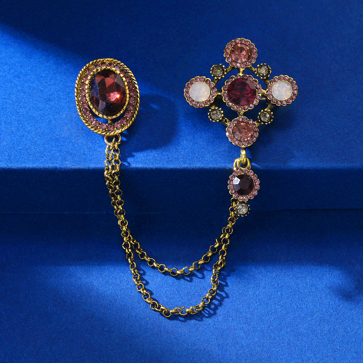 高档男士个性链条胸针紫水晶奢华优雅西装衬衣领针礼服外套配饰品