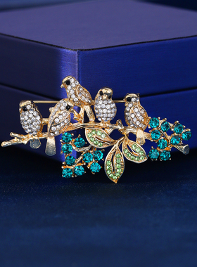 新款国风喜上枝头精致水钻胸针小众设计感喜鹊报喜服装饰品别针女