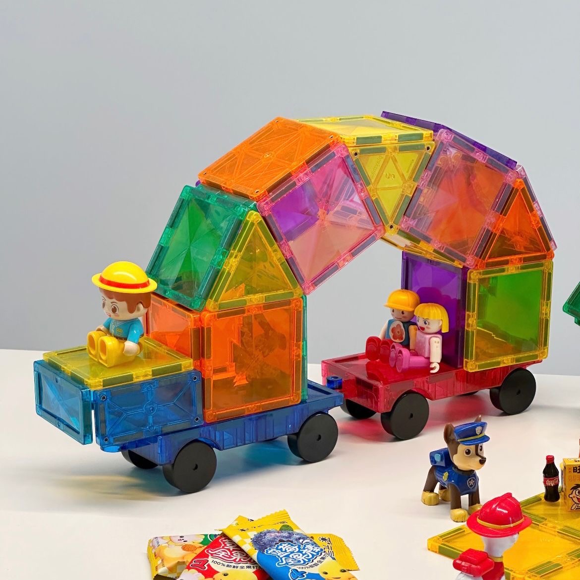 大自然色钻面小车彩窗磁力片强磁玩具儿童益智积木拼插磁力片小车