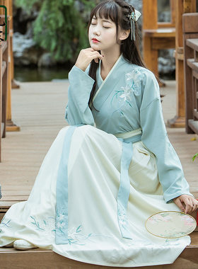 雨晴汉元素原创汉服女装长袖刺绣上儒魏晋风古装绣花齐腰襦裙
