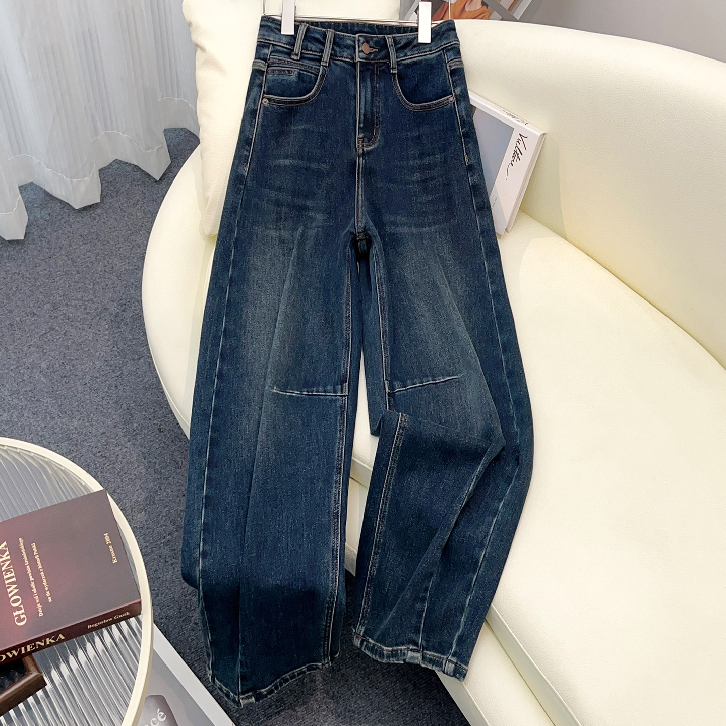 蓝色牛仔阔腿裤女2025新款秋季高腰显瘦宽松美式复古拖地直筒裤子