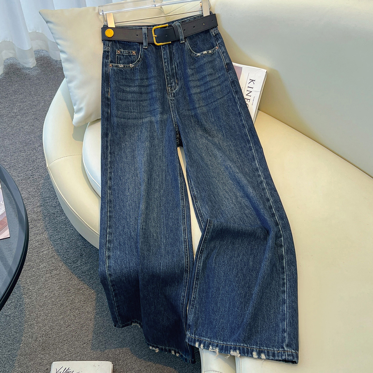 蓝色牛仔阔腿裤女2025新款秋季高腰显瘦宽松小个子垂坠感直筒裤子