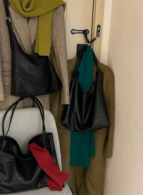 芥末小妹高级黑大容量软皮托特包2023新款ins小众黑色实用单肩包